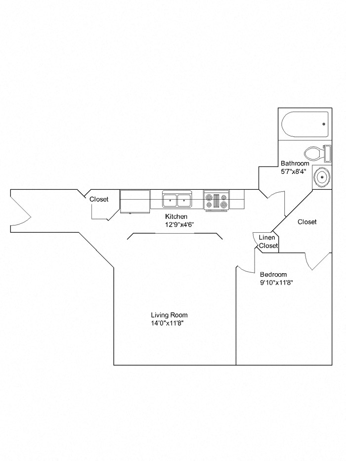 Floor plan for 1 bed, 1 bath, 650 sqft